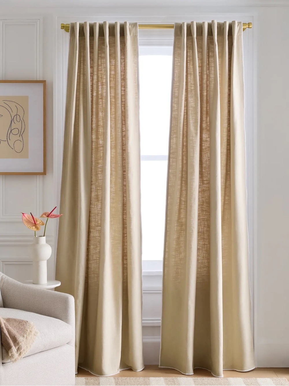 NWT QUINCE 48x96 Piped Edge Cotton Curtain Panel Natural/White Piping 8652
